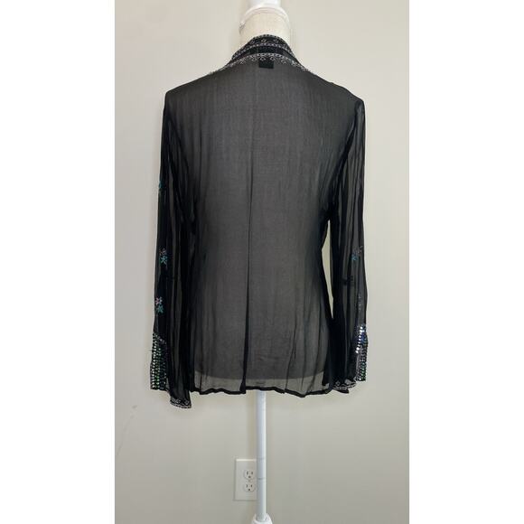 Silkland 100% Silk Black L Embroidered Beaded Sequined Blouse Sheer Rainbow - Picture 7 of 15